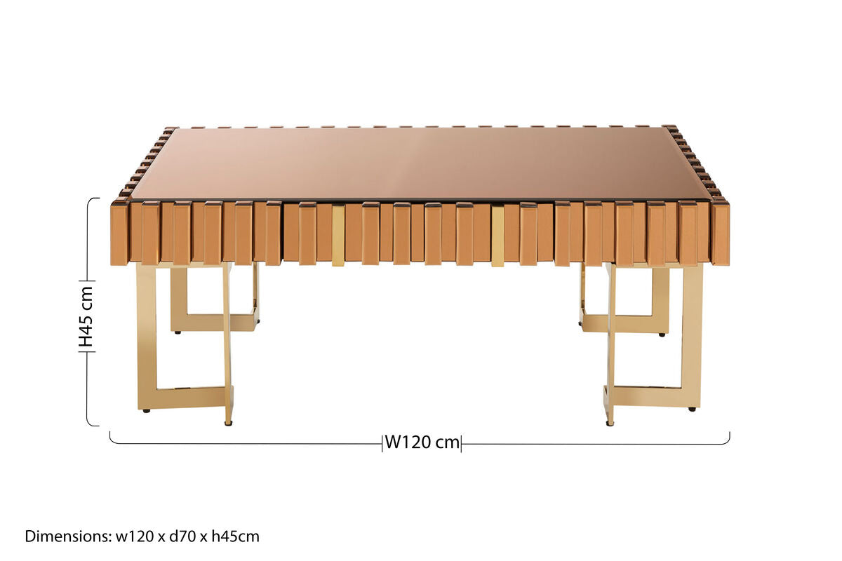 Mirrored Glass Top Coffee Table with Corrugated Sides and Gold Finish Frame, Rivoli