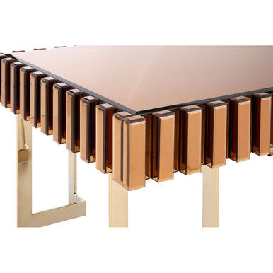 Mirrored Glass Top Coffee Table with Corrugated Sides and Gold Finish Frame, Rivoli