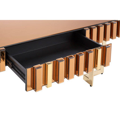 Mirrored Glass Top Coffee Table with Corrugated Sides and Gold Finish Frame, Rivoli
