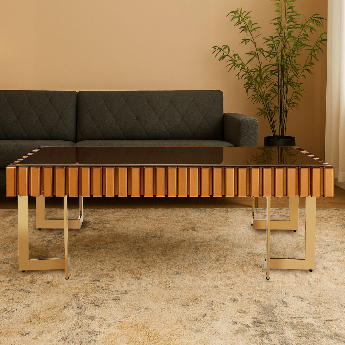 Mirrored Glass Top Coffee Table with Corrugated Sides and Gold Finish Frame, Rivoli