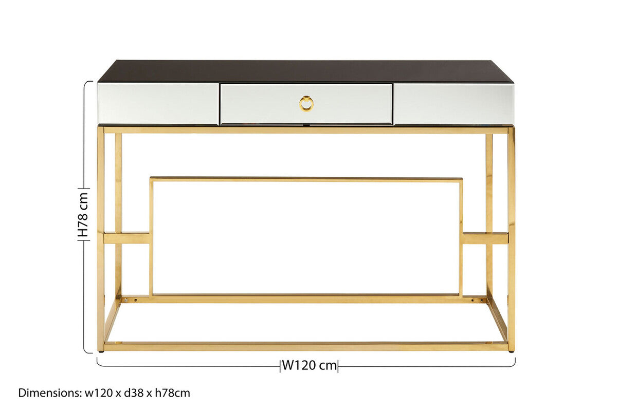 Monochromatic Mirrored Glass Console Table with Gold Finish Stainless Steel Legs, Rimini