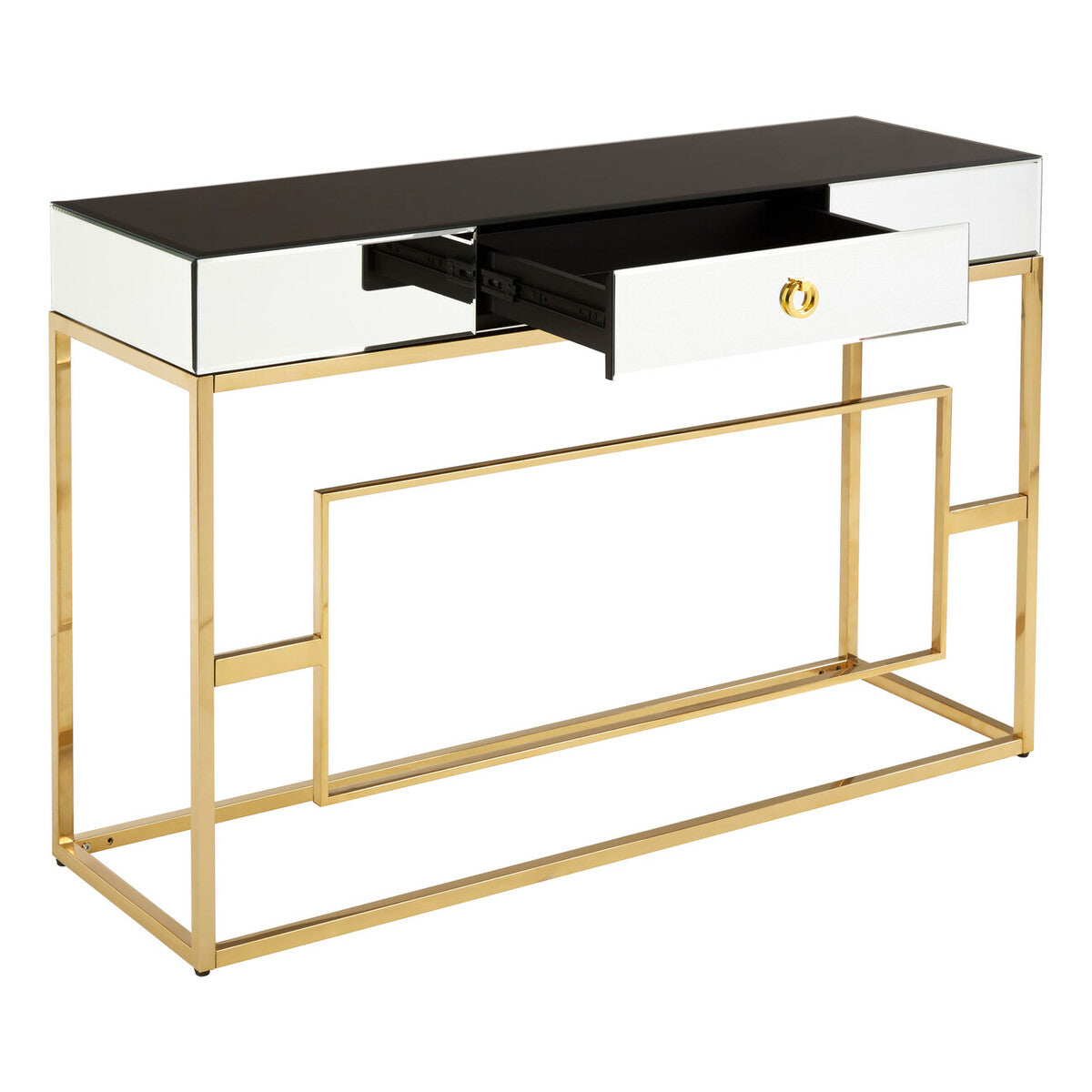Monochromatic Mirrored Glass Console Table with Gold Finish Stainless Steel Legs, Rimini