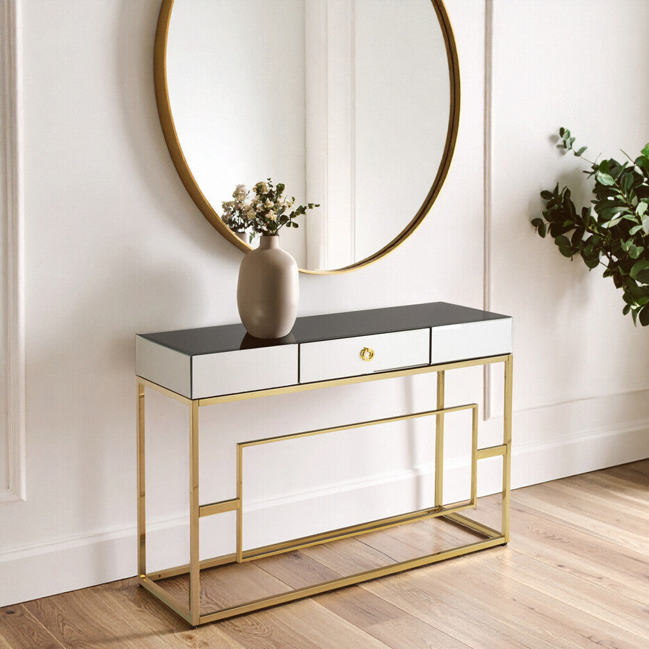 Monochromatic Mirrored Glass Console Table with Gold Finish Stainless Steel Legs, Rimini