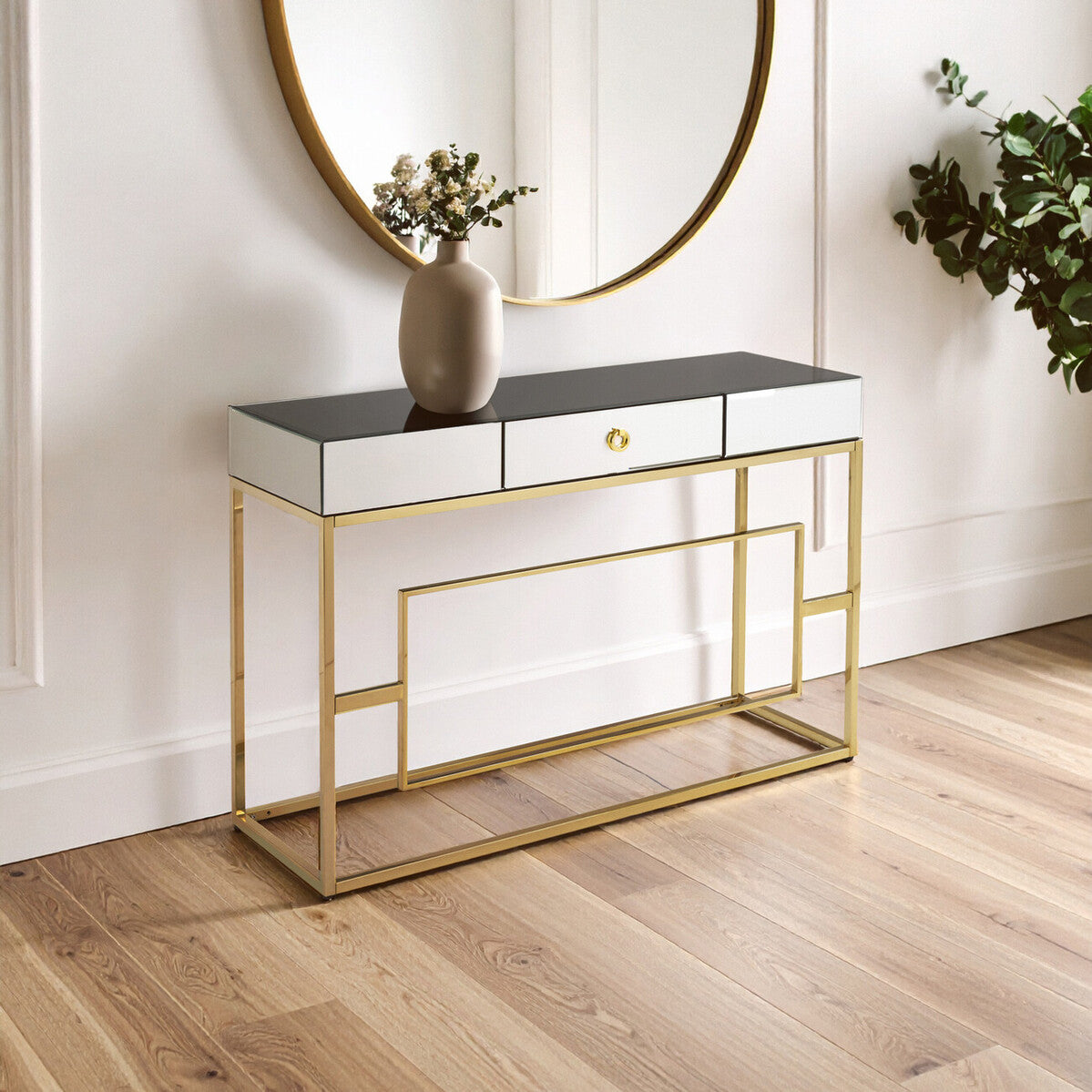 Monochromatic Mirrored Glass Console Table with Gold Finish Stainless Steel Legs, Rimini