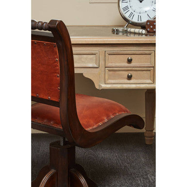 Inca Brown Leather and Teak Wood Swivel Chair