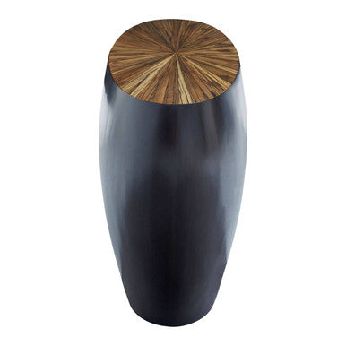Natural Starburst Patterned Wood Top Round Ebony Console Table with Grey Bamboo Base, Gabo
