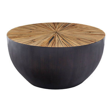 Natural Starburst Patterned Wood Top Round Ebony Small Console Table with Grey Bamboo Base, Gabo