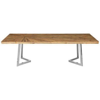 Natural Bamboo Top Dining Table with Silver Finish Stainless Steel Inverted Triangle Base, Gabar