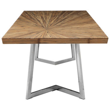 Natural Bamboo Top Dining Table with Silver Finish Stainless Steel Inverted Triangle Base, Gabar