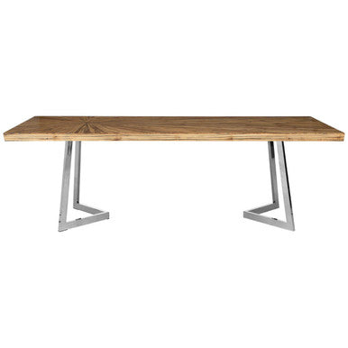Natural Bamboo Top Dining Table with Silver Finish Stainless Steel Inverted Triangle Base, Gabar