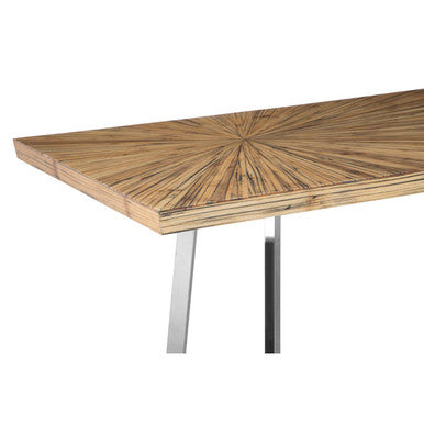 Natural Bamboo Top Dining Table with Silver Finish Stainless Steel Inverted Triangle Base, Gabar