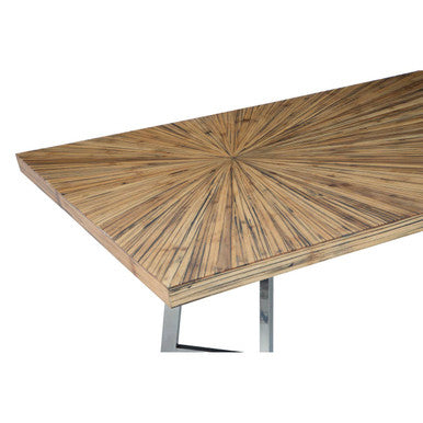 Natural Bamboo Top Dining Table with Silver Finish Stainless Steel Inverted Triangle Base, Gabar