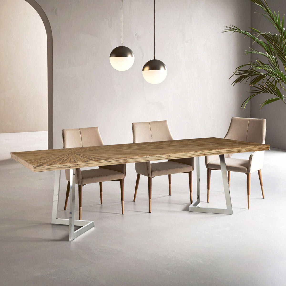 Natural Bamboo Top Dining Table with Silver Finish Stainless Steel Inverted Triangle Base, Gabar