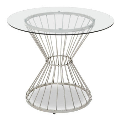Hourglass Dining Table with Clear Glass Top and Silver Base, Anzio