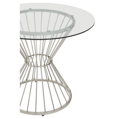 Hourglass Dining Table with Clear Glass Top and Silver Base, Anzio