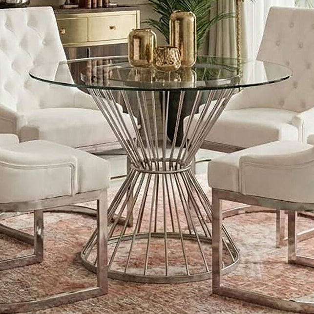 Hourglass Dining Table with Clear Glass Top and Silver Base, Anzio