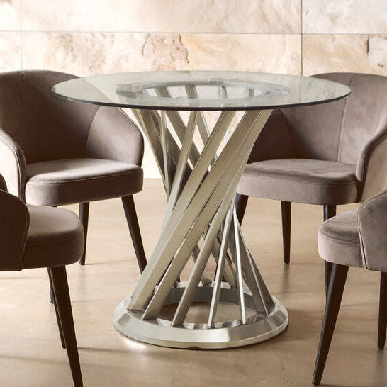 Clear Glass Top and Silver Hourglass Base Dining Table, Anzio