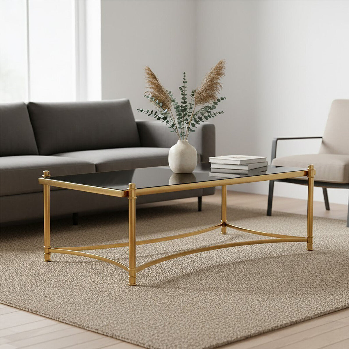 Gold Finish Base Coffee Table with Black Glass Top, Ackley