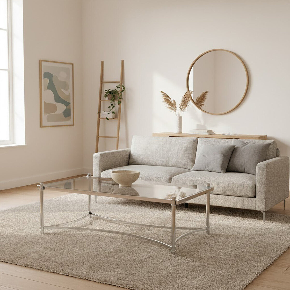 Silver Finish Base Coffee Table with Clear Glass Top, Ackley