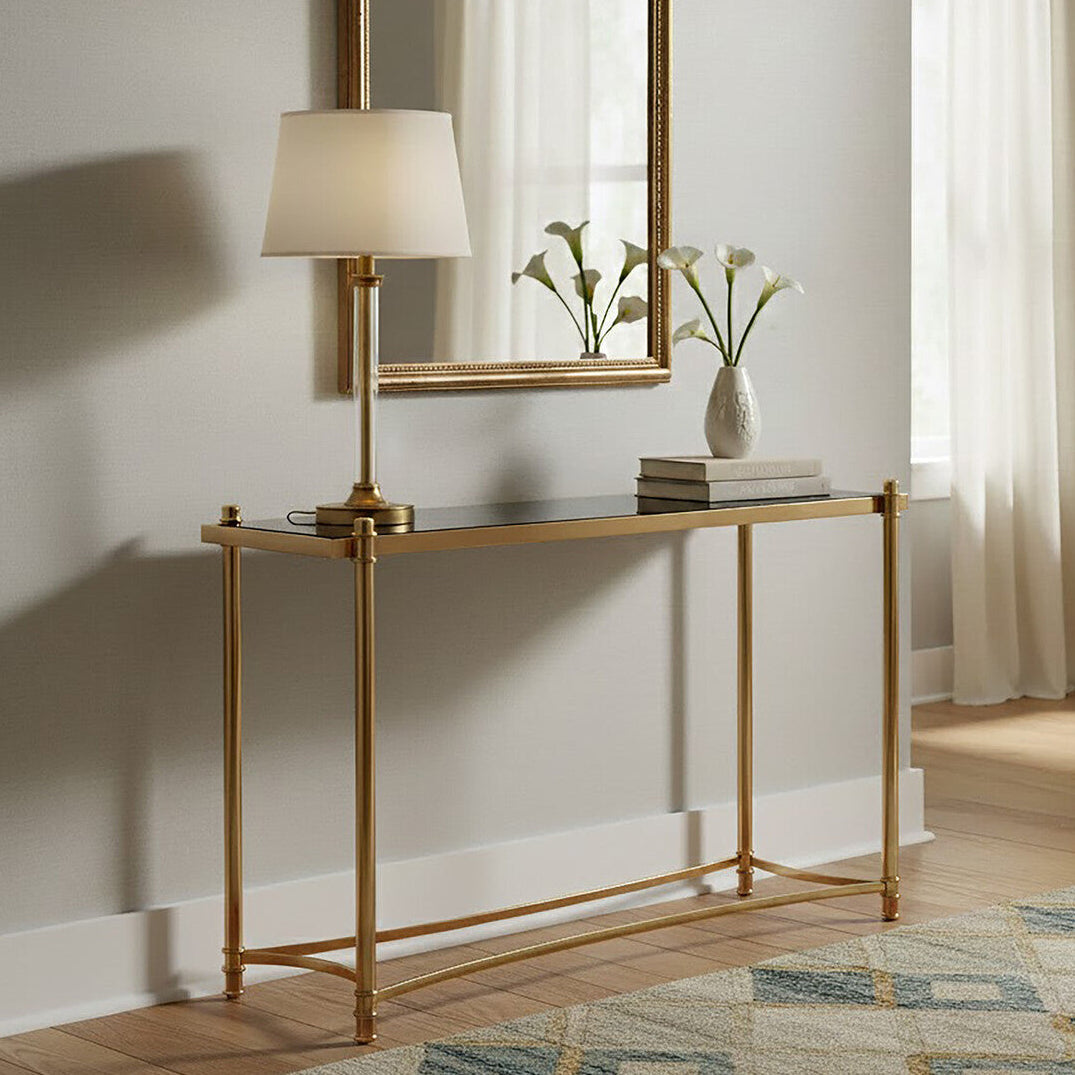 Gold Stainless Steel Base Console Table with Black Glass Top, Ackley