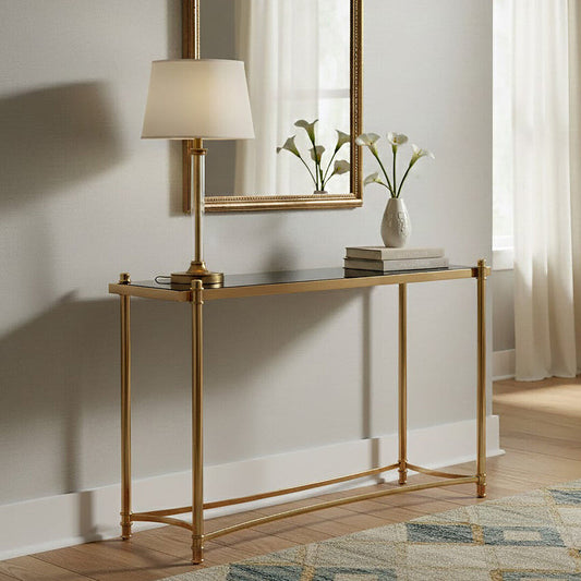 Gold Stainless Steel Base Console Table with Black Glass Top | Ackley