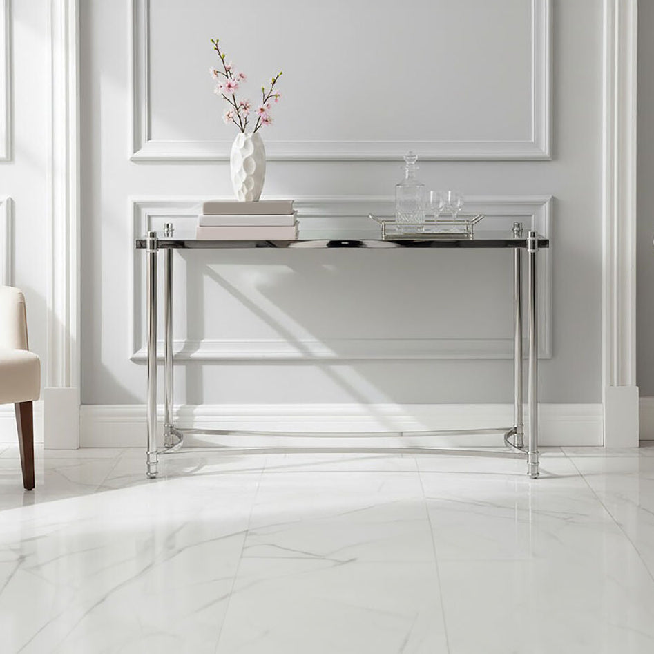 Silver Stainless Steel Base Console Table with Clear Glass Top, Ackley