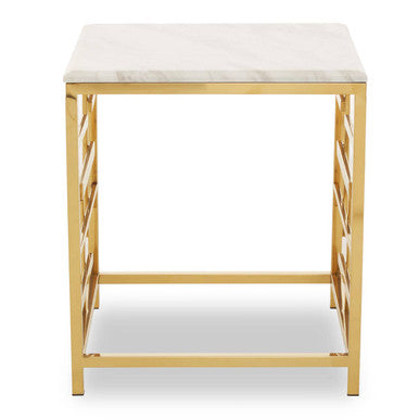 White Marble Top Side Table with Gold Finish Geometric Stainless Steel Base, Aprilia