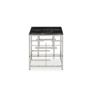 Black Marble Top Side Table with Silver Finish Geometric Stainless Steel Base, Aprilia