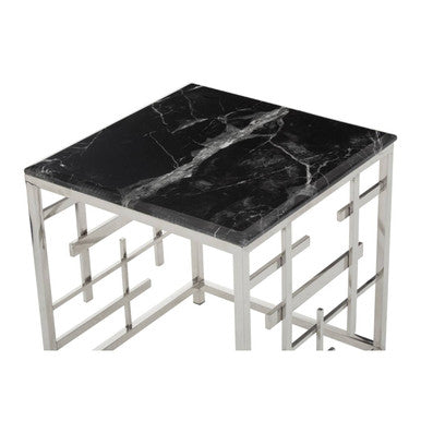 Black Marble Top Side Table with Silver Finish Geometric Stainless Steel Base, Aprilia