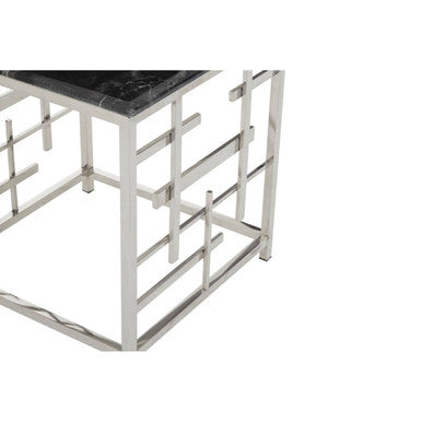 Black Marble Top Side Table with Silver Finish Geometric Stainless Steel Base, Aprilia