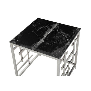 Black Marble Top Side Table with Silver Finish Geometric Stainless Steel Base, Aprilia