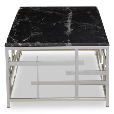 Black Marble Top Coffee Table with Silver Finish Geometric Stainless Steel Base, Aprilia