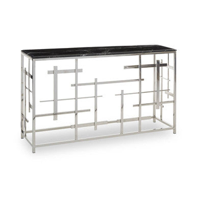 Black Marble Top Console Table with Silver Finish Geometric Stainless Steel Base, Aprilia