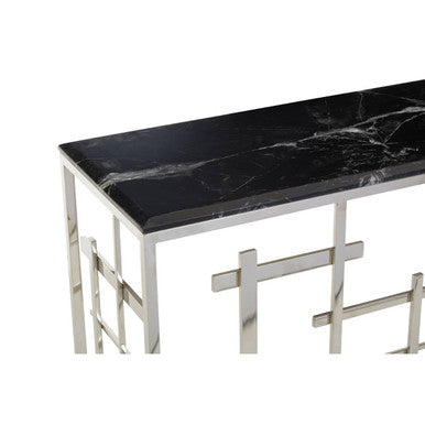 Black Marble Top Console Table with Silver Finish Geometric Stainless Steel Base, Aprilia