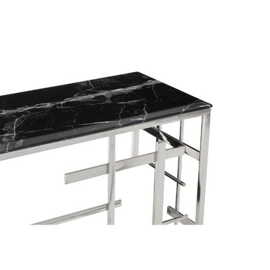 Black Marble Top Console Table with Silver Finish Geometric Stainless Steel Base, Aprilia
