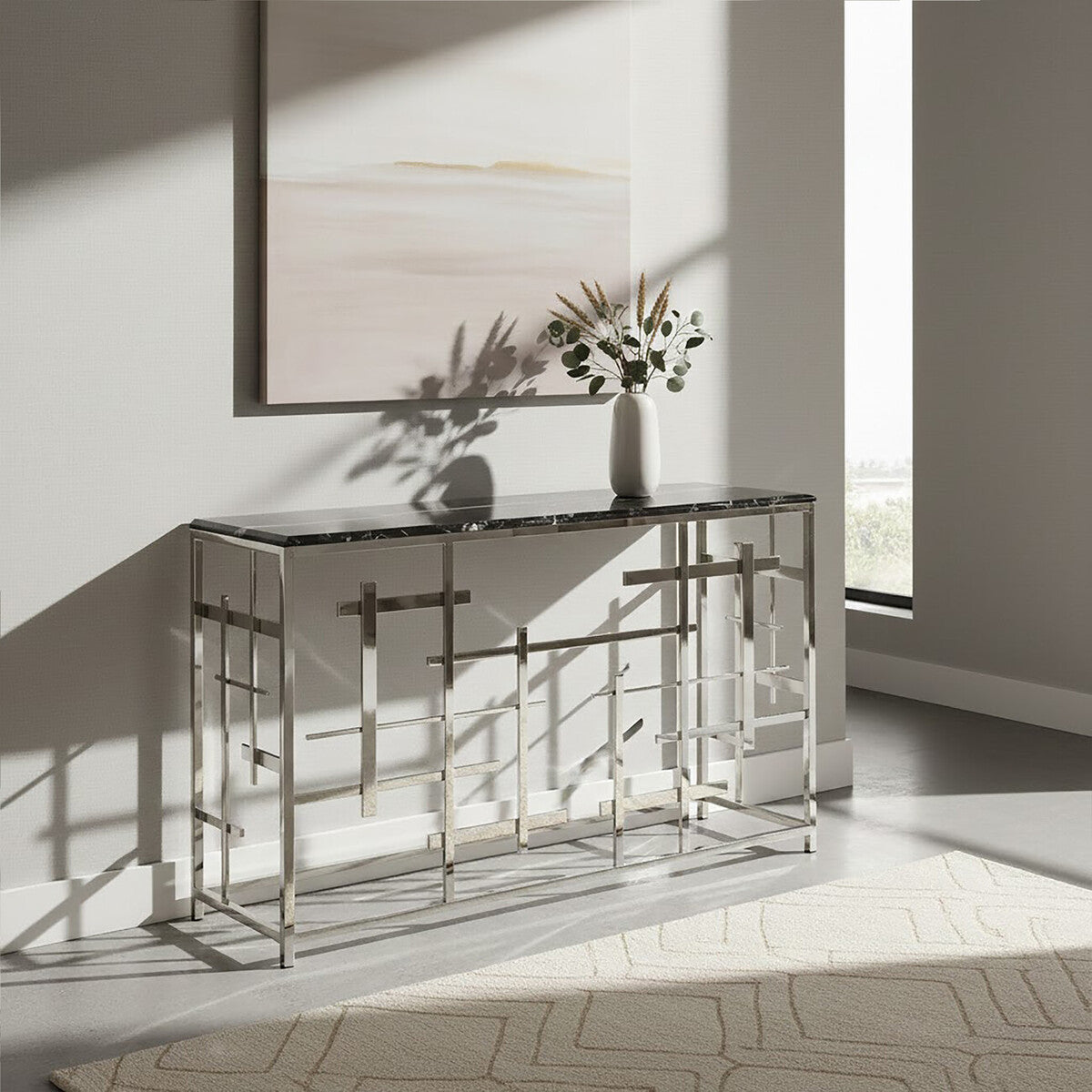 Black Marble Top Console Table with Silver Finish Geometric Stainless Steel Base, Aprilia