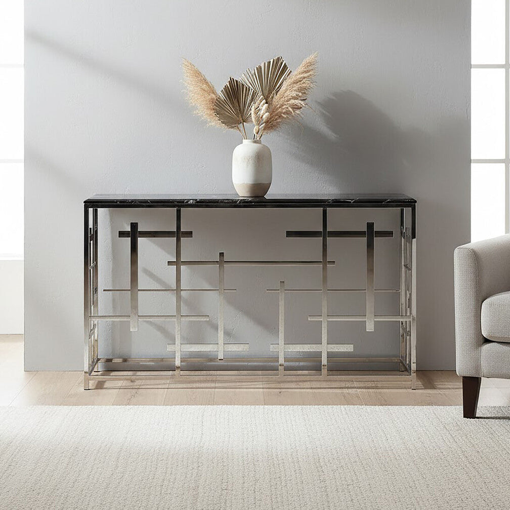 Black Marble Top Console Table with Silver Finish Geometric Stainless Steel Base, Aprilia