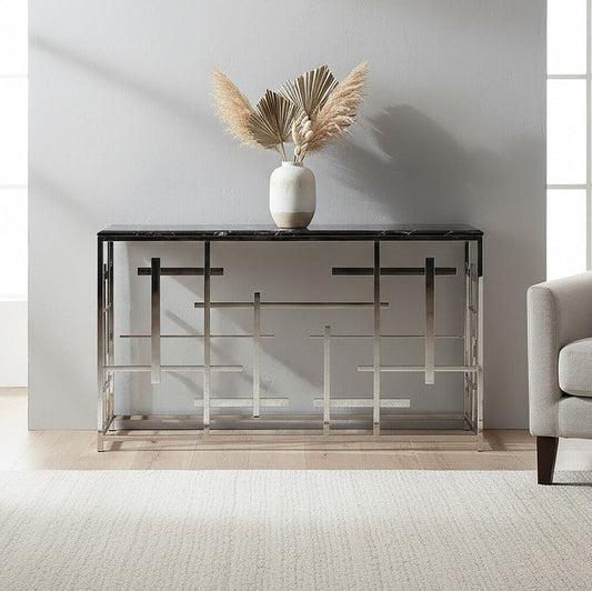 Black Marble Top Console Table with Silver Finish Geometric Stainless Steel Base, Aprilia
