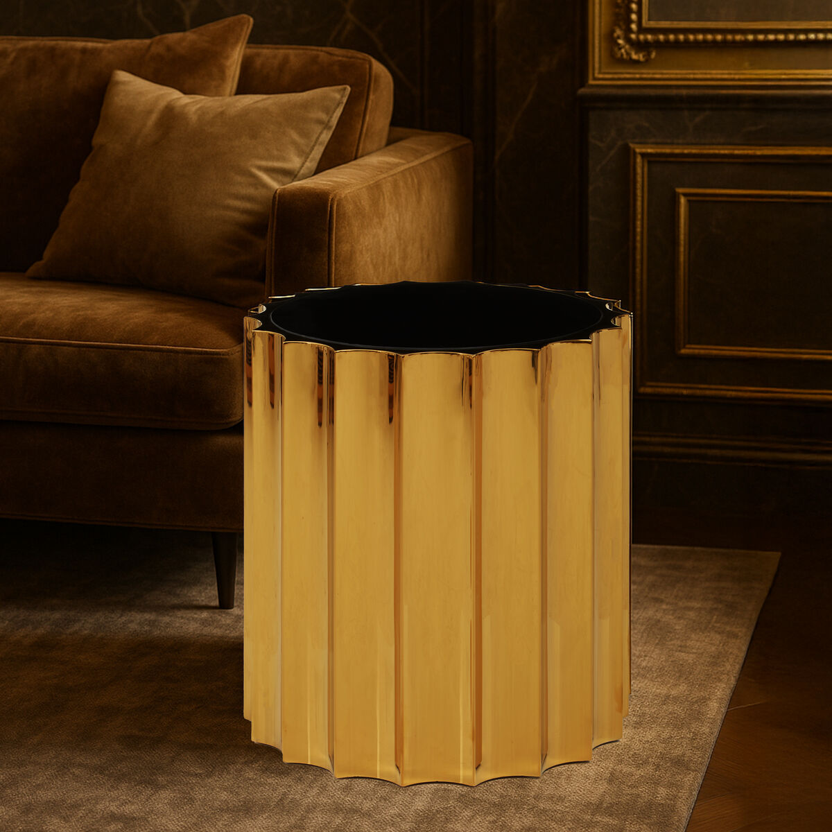 Black Glass Top and Titanium Base Round Side Table, Alvaro