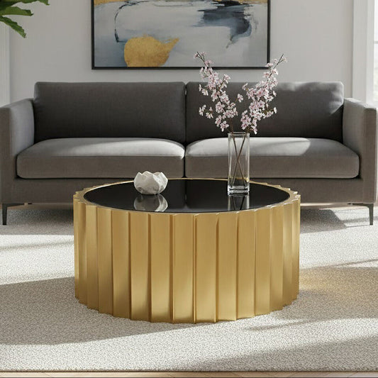 Black Glass Top and Titanium Base Round Coffee Table, Alvaro