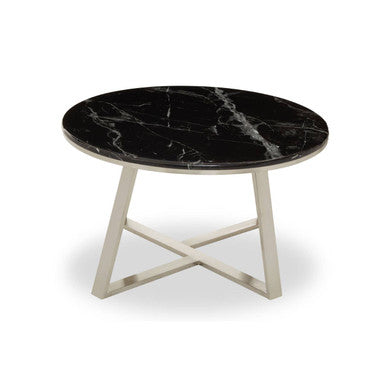 Silver Finish Frame Coffee Table with Round Black Marble Top, Alvaro