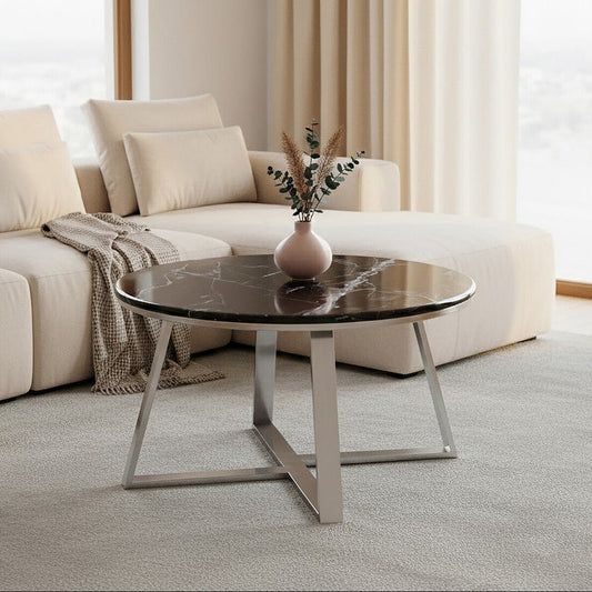 Silver Finish Frame Coffee Table with Round Black Marble Top | Alvaro