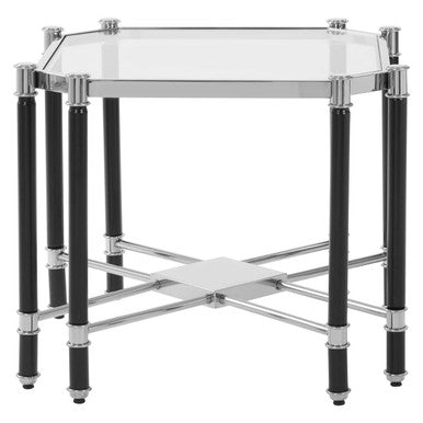 Silver and Black Chrome Finish End Table with Clear Tempered Glass Top, Allessi