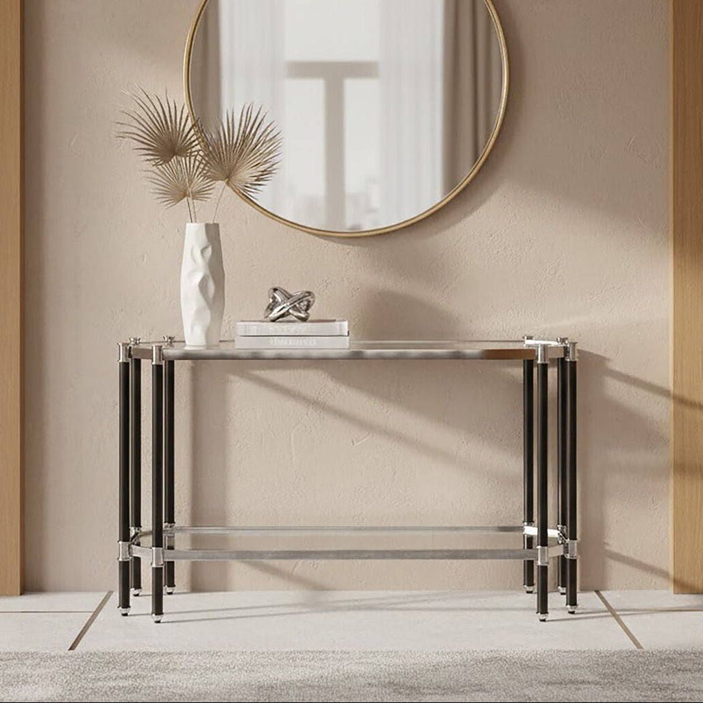 Silver and Black Chrome Finish Console Table with Clear Tempered Glass Top, Allessi