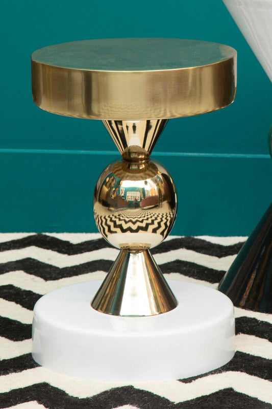Gold and Ivory Side Table with Round Top and Globe Detail, Martini