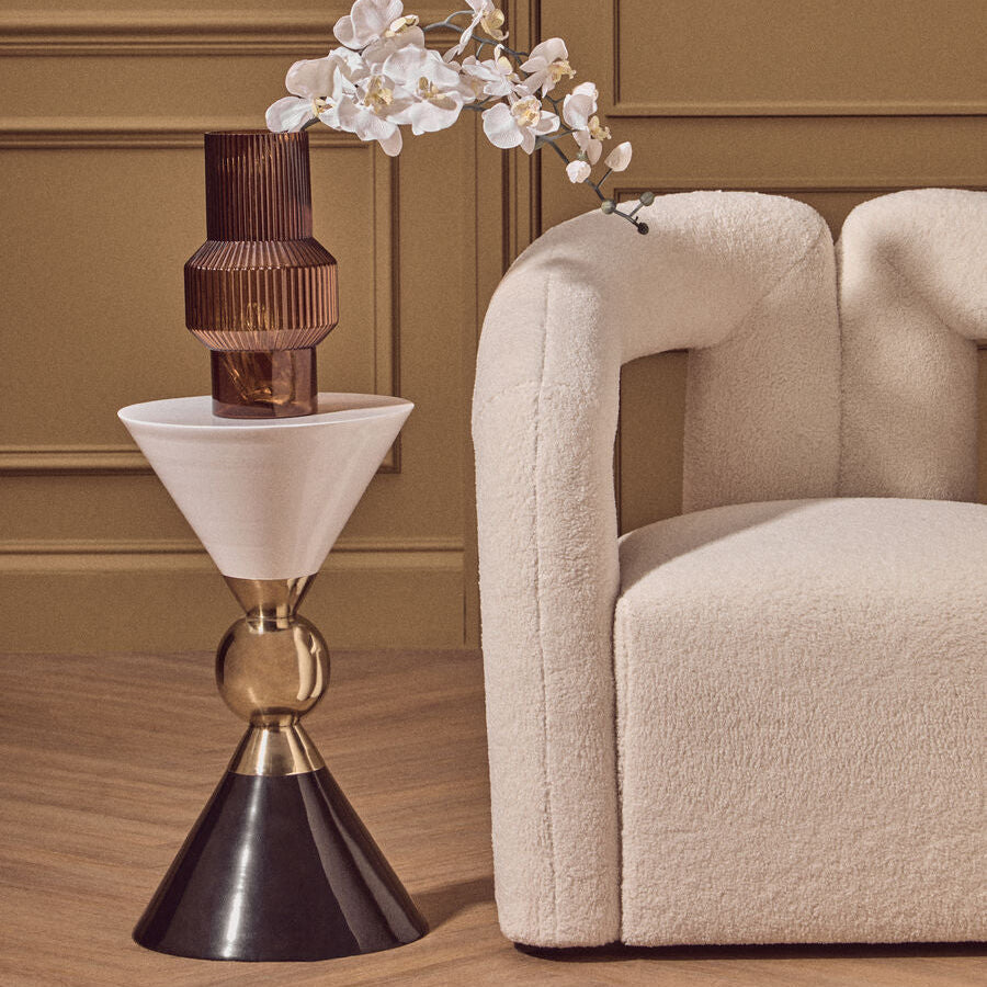 Gold and Black Metal Angular Side Table with White and Black Top and Rounded Base, Martini