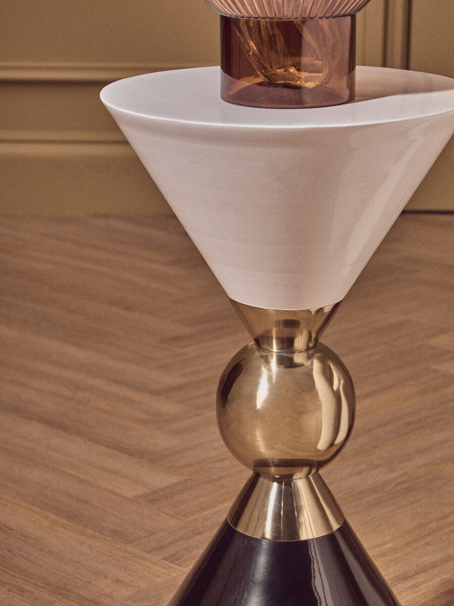 Gold and Black Metal Angular Side Table with White and Black Top and Rounded Base, Martini