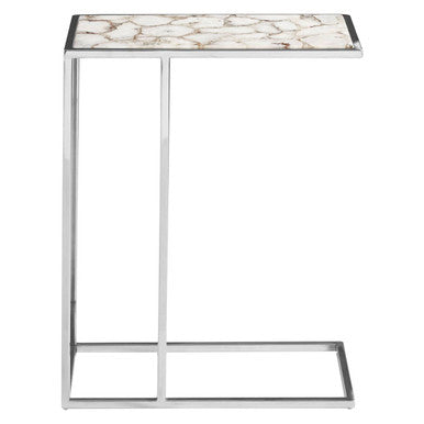 White and Silver Finish Semi-Precious Agate Side Table with Banded Pattern, Vita