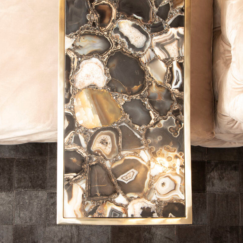Black and Gold Finish Semi-Precious Agate Side Table with Banded Pattern, Vita