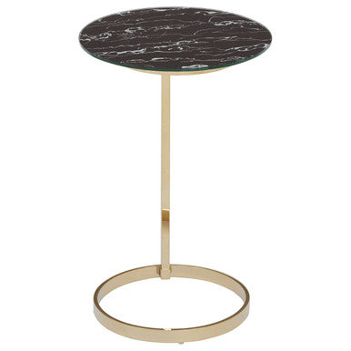 Gold Open Circular Base End Table with Black Marble Effect Glass Top, Oria